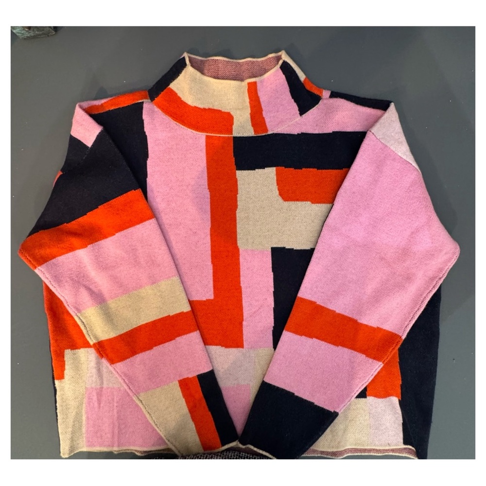 Maeve Pink and Red Geometric Mock Turtleneck Sweater, never worn. 20” long.